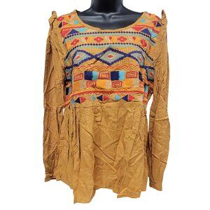Savanna Jane Womens Boho Style Embroidered Blouse M Mustard Rayon Ethnic Design